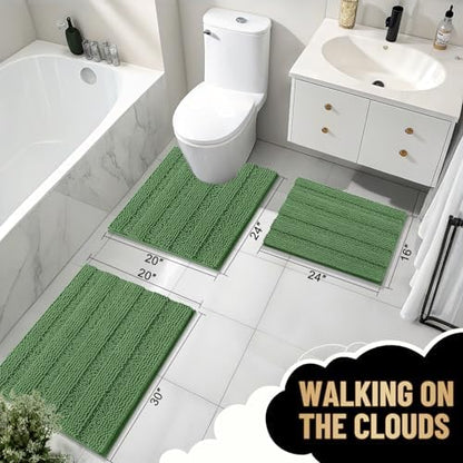 OLANLY Thick Bathroom Rugs 36x24, Chenille Striped Bath Rugs, Olive Green