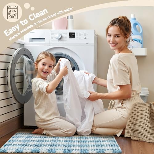 TYUU Waffle Runner Rug Bathroom, Long Cute Bath Mat, 72x24 Blue & White