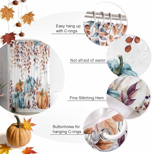 Shower Curtain Bathroom Set Fall Thanksgiving Pumpkin Orange Eucalyptus Leaf Waterproof Shower Curtains with Grommets Hooks Autumn Fallen Leaves Privacy Bath Curtain for Bathtub Decor 72x78in