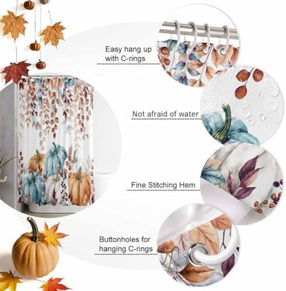 Shower Curtain Bathroom Set Fall Thanksgiving Pumpkin Orange Eucalyptus Leaf Waterproof Shower Curtains with Grommets Hooks Autumn Fallen Leaves Privacy Bath Curtain for Bathtub Decor 72x78in