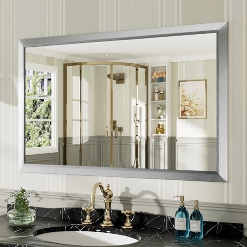 Briivue Bathroom Wall Mirror, Silver Brushed Nickel Metal Frame, 48x30 Inch