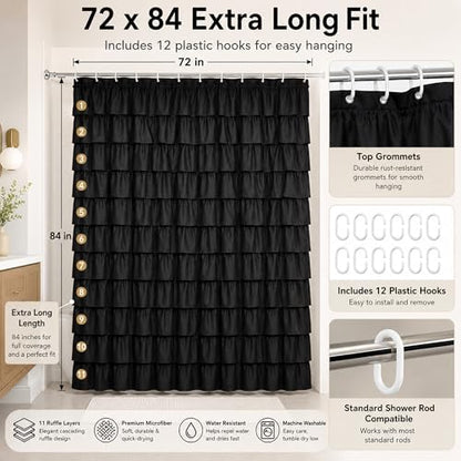 Black Gothic Shower Curtain for Bathroom, Extra-Long 72 x 84 inch, Ruffle
