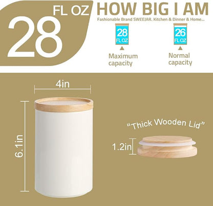 Sweejar Kitchen Canisters Ceramic Food Storage Jar, Stackable Containers with Airtight Seal Wooden Lid for Serving Ground Coffee, Tea, Sugar, Salt and More - 28 Fl Oz (White)