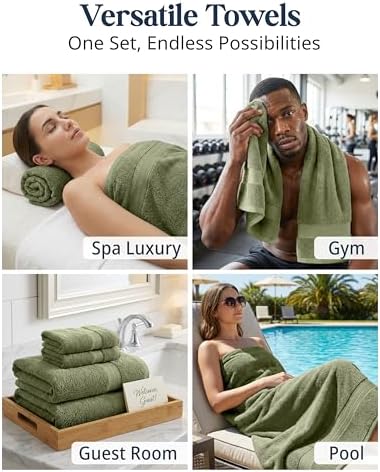 LANE LINEN Large Bath Towel Set Absorbent Quick Dry 100% Cotton - Oil Green