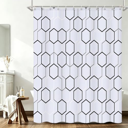 Modern Black and White Hexagon Geometric Shower Curtain, 72"W x 96"L
