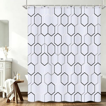 Modern Black and White Hexagon Geometric Shower Curtain, 72"W x 96"L
