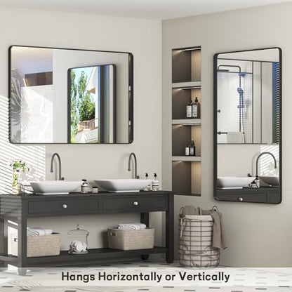 55x30 Inch Black Framed Bathroom Mirror for Wall, Large Matte Metal Framed Wall Mirror, Black Rectangle Bathroom Vanity Mirror, Anti-Rust, Shatterproof (Horizontal/Vertical)