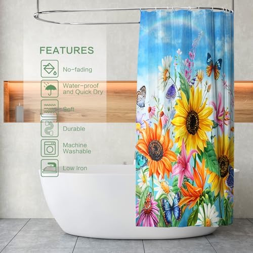 Shower Curtain Sunflowers Waterproof for Bathroom with Hooks 72x72