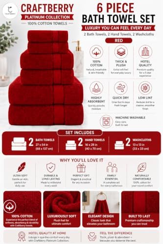 6 Piece Bath Towel Set, 2 Bath, 2 Hand, 2 Washcloths, Red