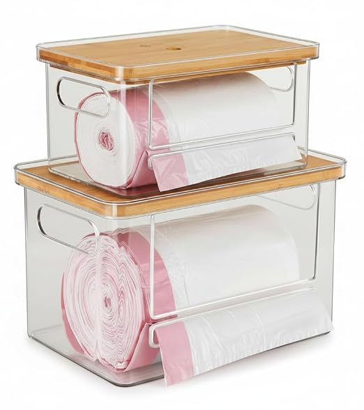 2 Pack Stackable Trash Bag Dispenser with Wooden Top for Extra Large & Medium Size Rolls, Garbage Bag Holder for 13-33 Gallon Bags, Trash Bag Dispenser Under Sink with Anti-Slip Base for Rolls Storage