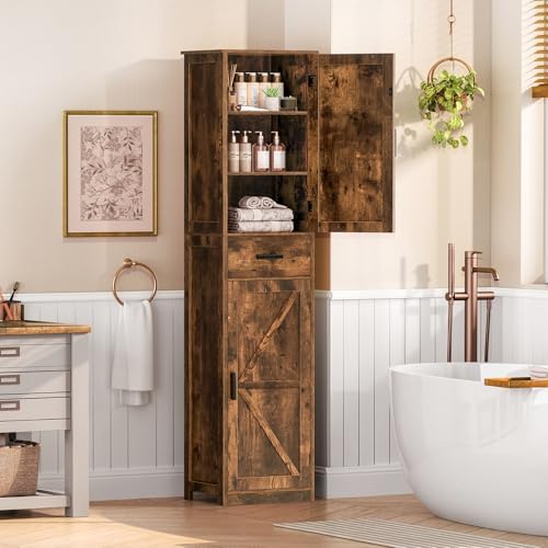 TEENFON Tall Bathroom Cabinet, Storage Cabinet with 6 Shelves & Drawer