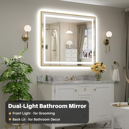 48x40 Inch LED Bathroom Mirror with Gold Frame, Backlit & Front Lit
