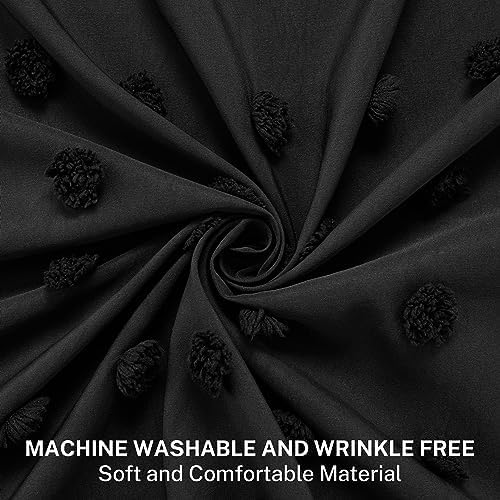 Siiluminisoy Small Stall Black Boho Shower Curtain Woven Fabric Cute Shower Curtain, 36 x 72 Tufted Pleat Floral Textured Modern Farmhouse Minimalist Shower Curtain Set with Hooks for Bathroom