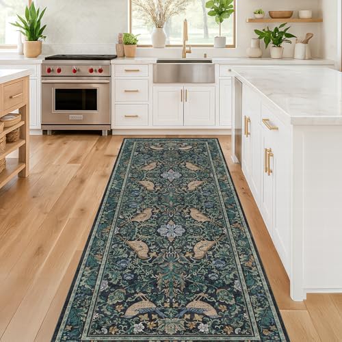 Hazo Haus Boho Vintage 2'6"x8' 8ft Hallyway Long Runner Rug - Non Slip Washable Front Door Rug Indoor Entrance, Kitchen, Bathroom, Low Pile & Soft Woodland Floral Kitchen Floor Mats