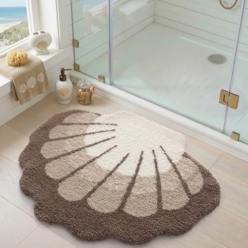 DEXI Cute Seashell Bath Mat, Coastal Scallop Bathroom Rug, 31x24 Beige