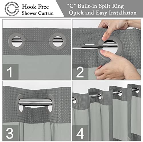 Gibelle No Hook Waffle Weave Shower Curtain with Snap-in Fabric Liner Set for Bathroom, Hotel Style with Mesh Top Window, Waterproof & Washable, Grey, 72x74