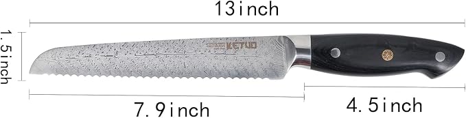 Ketuo Professional Chef Knife Damascus Carbon Steel with Laser Pattern Blade and Black Pakka Wood (8 Inch Bread Knife)