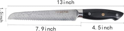 Ketuo Professional Chef Knife Damascus Carbon Steel with Laser Pattern Blade and Black Pakka Wood (8 Inch Bread Knife)