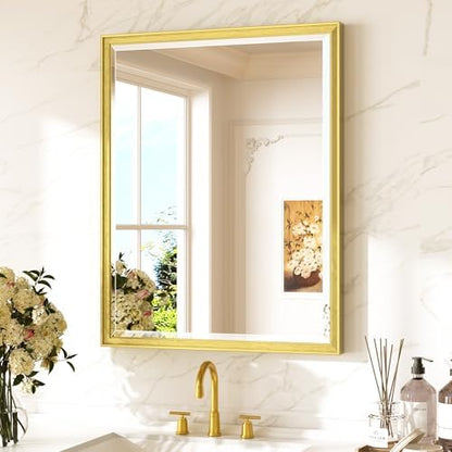 Keonjinn Brushed Gold Bathroom Mirror 24"x30", Beveled Edge Tempered Glass