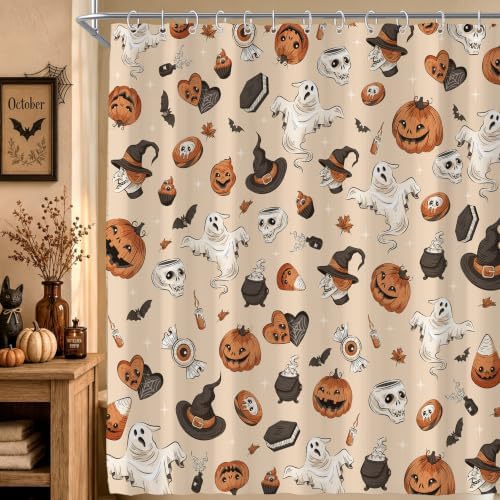 Halloween Cute Skull Ghost Shower Curtain for Bathroom 72W*72H Inch Gothic Witch Scary Magic Horror Pumpkin Bathtub Alchemy Witchcraft Decor Waterproof Polyester Fabric Set with 12 Hooks
