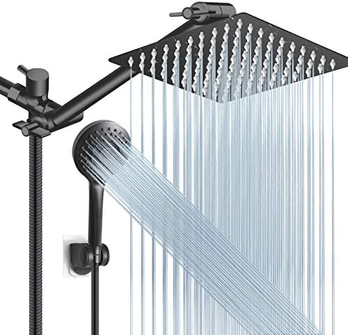 Shower Head Combo, 8 Inch High Pressure Rain with 11 Inch Adjustable Extension Arm and 5 Settings Handheld, Powerful Spray Against Low Water Pressure- Matte Black