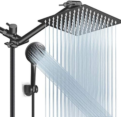 Shower Head Combo, 8 Inch High Pressure Rain with 11 Inch Adjustable Extension Arm and 5 Settings Handheld, Powerful Spray Against Low Water Pressure- Matte Black