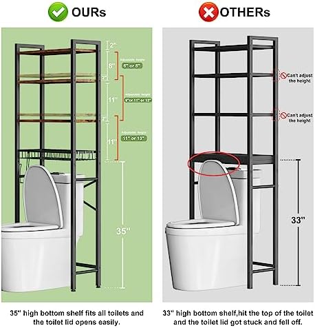 Kalrin Over-The-Toilet Storage Rack, 4-Tier Bathroom Organizer Shelf Over Toilet with Adjustable Shelf and Basket, Freestanding Space Saver Bathroom Shelves Above Toilet for Room (Vintage Brown)