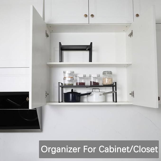 Expandable Cabinet Shelf Organizer Riser for Kitchen Pantry Cupboard Under Sink Countertop (black, 8.2’’D * 12.2-21.6’’W * 7.7’’H)