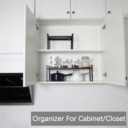 Expandable Cabinet Shelf Organizer Riser for Kitchen Pantry Cupboard Under Sink Countertop (black, 8.2’’D * 12.2-21.6’’W * 7.7’’H)