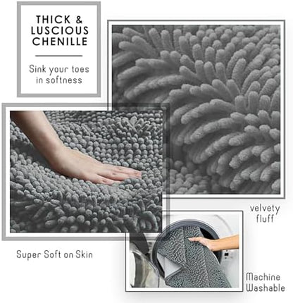 Hearth & Harbor Bathroom Rugs, Chenille Bath Mat - Machine Washable Bath Mats for Bathroom Non-Slip Backing Rubber, Quick Dry Bathroom Mat, 17 x 24 + 20 x 24 - Frost Grey