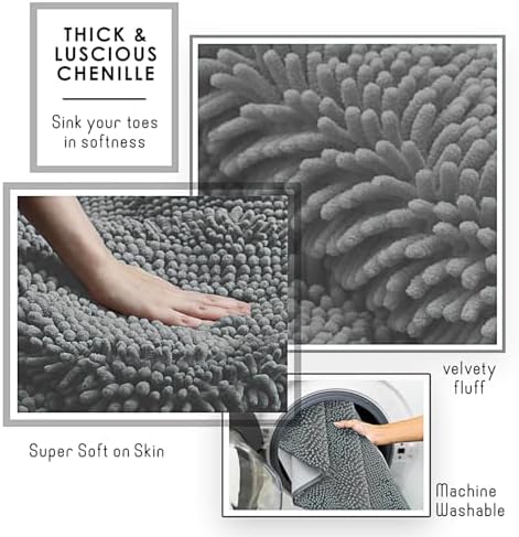 Hearth & Harbor Bathroom Rugs, Chenille Bath Mat - Machine Washable Bath Mats for Bathroom Non-Slip Backing Rubber, Quick Dry Bathroom Mat, 24 x 36 - Frost Grey