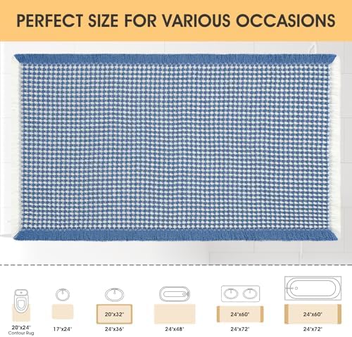 IM HOME Waffle Bath Mat Blue & Cream 24"x17", Boho Woven Modern Bath Mat Rugs, Absorbent Non Slip Bathroom Rugs, Soft Washable Bath Rugs with Tassels for Bathroom, Bedroom, Kitchen, Shower, Tub