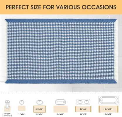 IM HOME Waffle Bath Mat Blue & Cream 24"x17", Boho Woven Modern Bath Mat Rugs, Absorbent Non Slip Bathroom Rugs, Soft Washable Bath Rugs with Tassels for Bathroom, Bedroom, Kitchen, Shower, Tub