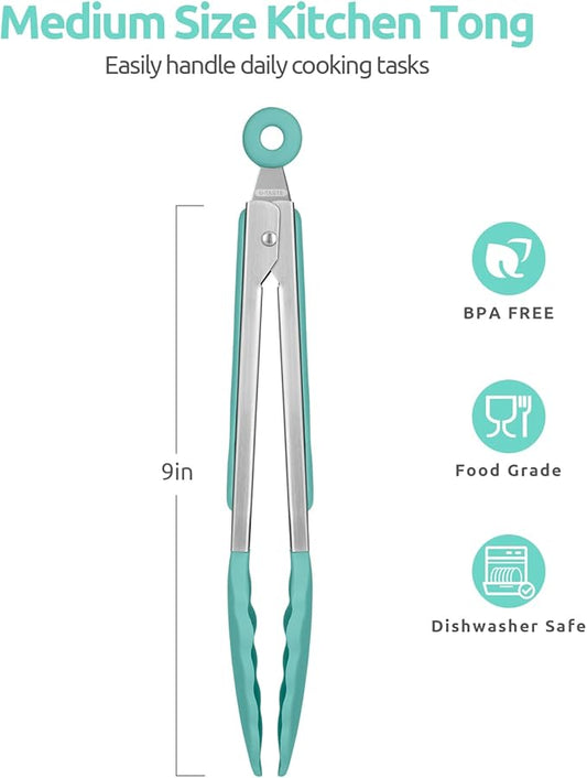 Heat Resistant Silicone Kitchen Tong: U-Taste 9 inch 480ºF Hot Proof Cooking Tong with Firm Sealed Non Stick Rubber Tips & Silicon Coated Steel Handle & Smooth Locking for Serving Grill Salad-Aqua Sky