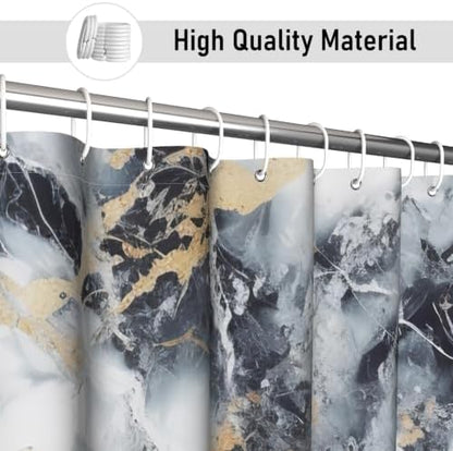 Abstract Marble Shower Curtain Modern Charcoal Luxury Gold Ink Texture Gray Ombre Watercolor Bathroom Curtain Set with Hooks Soft and Lightweight Waterproof Fabric Machine Washable 48" Wx72 L