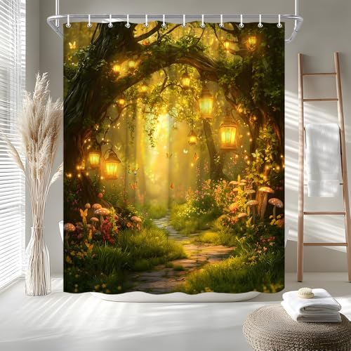 Fantasy Forest Path Shower Curtain Yellow Fairy Magical Enchanted Misty Jungle Mushroom Floral Tree Butterfly Lantern Wonderland Bath Curtain Fabric Bathroom Accessories Decor with Hooks 70W x70L
