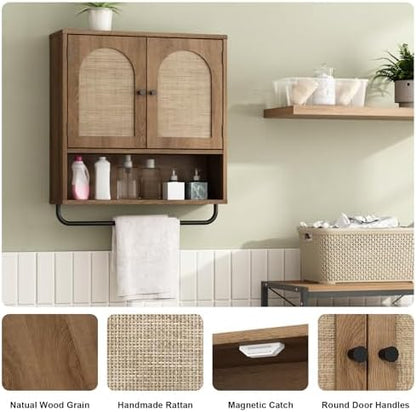 RUSTOWN Rattan Bathroom Wall Cabinet, Boho Medicine Cabinet with 2 Doors