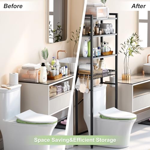 Kalrin Over-The-Toilet Storage Rack, 4-Tier Bathroom Organizer Shelf Over Toilet with Adjustable Shelf and Basket, Freestanding Space Saver Bathroom Shelves Above Toilet for Room (Pure Gray)