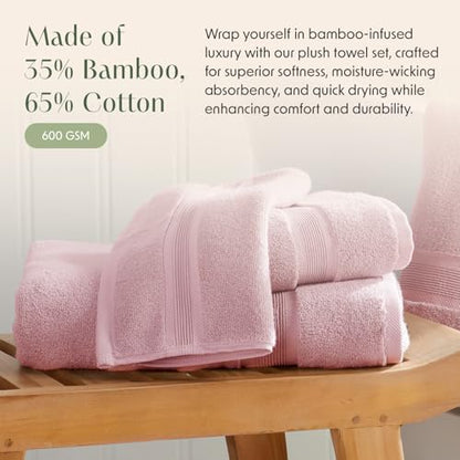 Springtree Home Luxury Bamboo Rayon Plush Bath Towel Set | 4-Pack | Pink