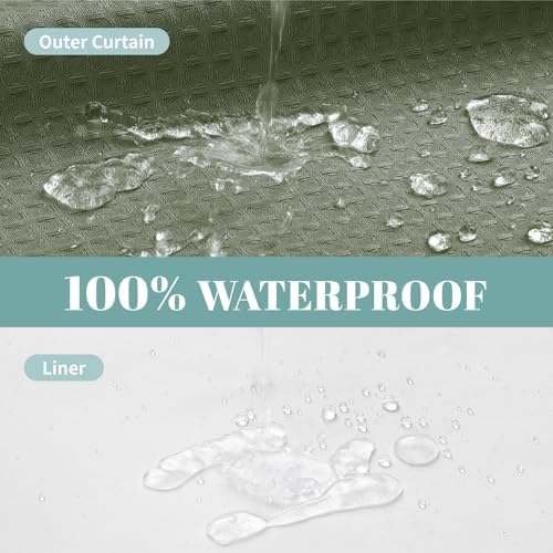 No Hook Waffle Shower Curtain with Snap-in Liner, 71x74 Inch, Sage Green