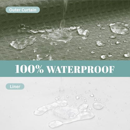 No Hook Waffle Shower Curtain with Snap-in Liner, 71x80 Inch, Sage Green