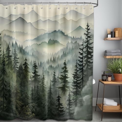Sage Green Forest Extra Long Shower Curtain, Tall 72X96 in, Mountain