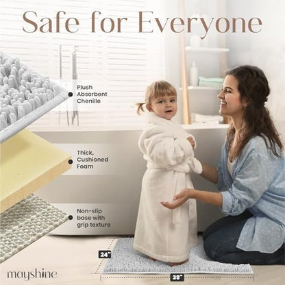MAYSHINE Large Plush Shaggy Chenille Bath Mat 39"x24" Extra Soft, Super Absorbent, Non-Slip Bathroom Rug | Fluffy Microfiber, Area Rug Sets for Bathroom Floor, Kitchen, Living Room | White