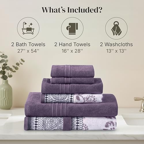 Modern Threads 6 Piece Bath Towel Set – Bathroom Set with 2 Bath Towels, 2 Hand Towels, and 2 Wash Cloths – 100% Cotton, Super Absorbent & Extra Soft – Reversible Floral Trail (Purple)
