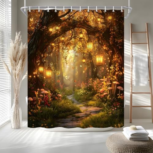 Fantasy Forest Path Shower Curtain Fall Fairy Magical Enchanted Misty Jungle Mushroom Floral Tree Butterfly Lantern Wonderland Bath Curtain Fabric Bathroom Accessories Decor with Hooks 90W x70L