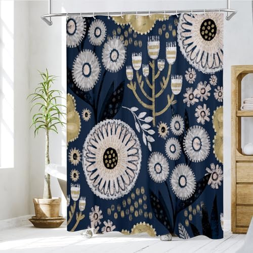 Boho Floral Shower Curtain, Dark Blue Botanical Fabric Curtain, 72 x 78