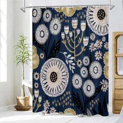 Boho Floral Shower Curtain, Dark Blue Botanical Fabric Curtain, 72 x 78