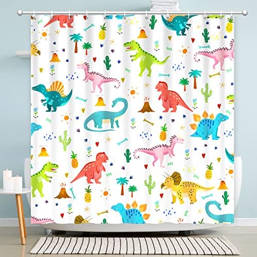Shower Curtain Kids, Cartoon Dinosaur Shower Curtain Colorful Animals Plants for Boys Girls Polyester Fabric Waterproof Shower Curtain Sets Machine Washable Decor Bath Curtain