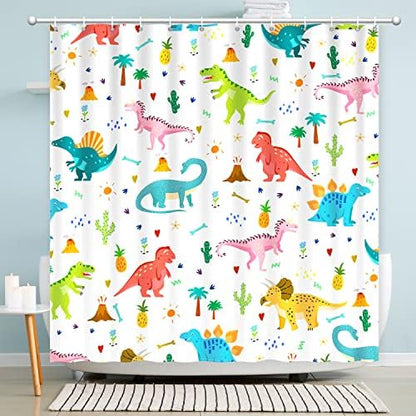 Shower Curtain Kids, Cartoon Dinosaur Shower Curtain Colorful Animals Plants for Boys Girls Polyester Fabric Waterproof Shower Curtain Sets Machine Washable Decor Bath Curtain
