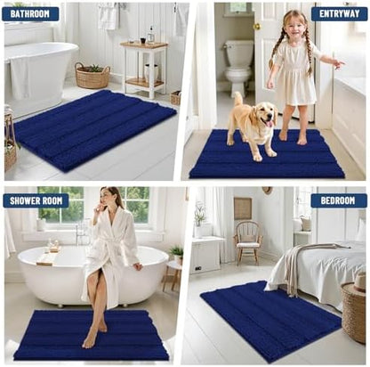 Grandaily Chenille Striped Bathroom Rugs 47x17, Extra Thick and Soft Absorbent Bath Mats, Rubber Backing, Plush Shaggy Shower Carpet, Machine Wash Dry, Bath Rug for Bathroom, Navy Blue
